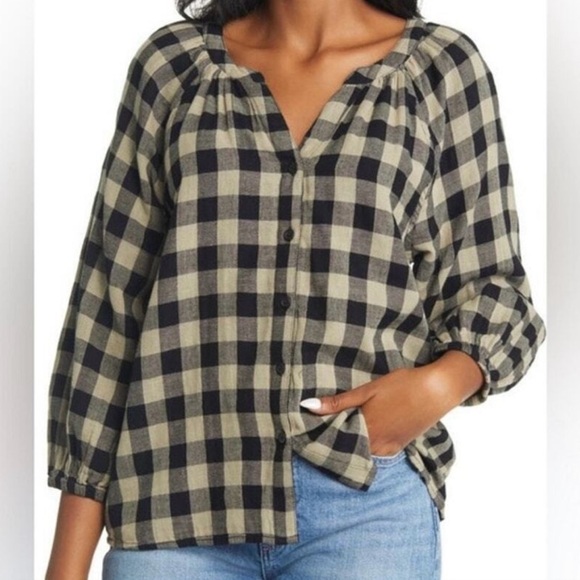 beachlunchlounge Tops - Beachlunchlounge‎ Black and Tan Gingham Plaid Blouse Cotton Large
